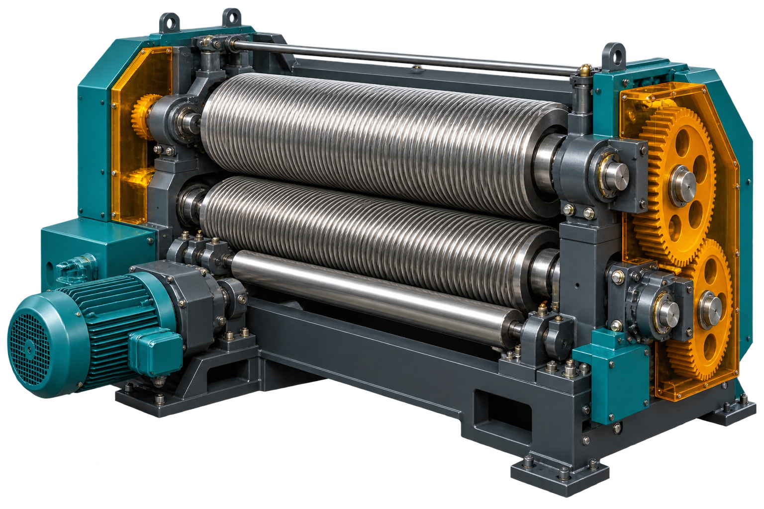 Render ilustrativo de una corrugadora con rodillos metálicos, motor y transmisión; los puntos de inspección se seleccionan con los controles superpuestos.